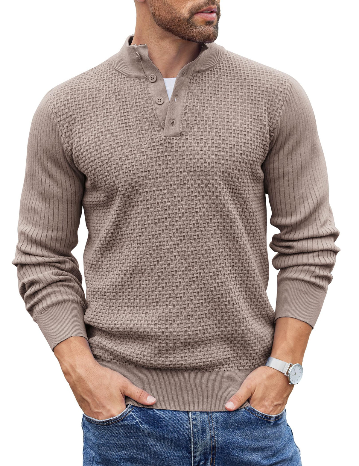 COOFANDY Mens Sweater Long Sleeve Henley Quarter Button Dress Sweaterss