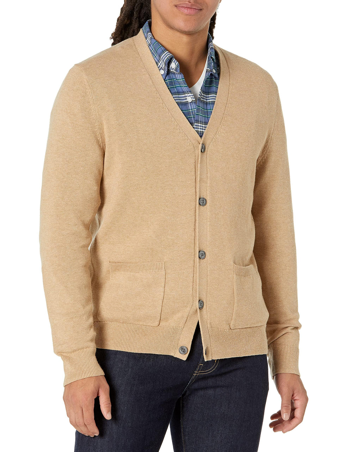 Amazon Essentials Men's V-Neck Cotton Knitted Cardigan Sweater, Ribbed