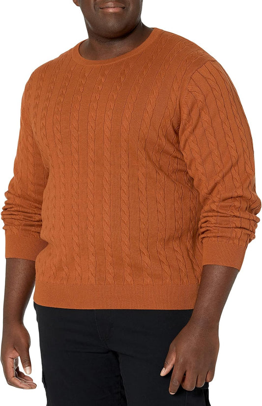 Amazon Essentials Men's Cable Knit Cotton Pullover Crewneck Sweater, Ribbed