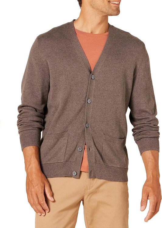 Amazon Essentials Men's V-Neck Cotton Knitted Cardigan Sweater, Ribbed