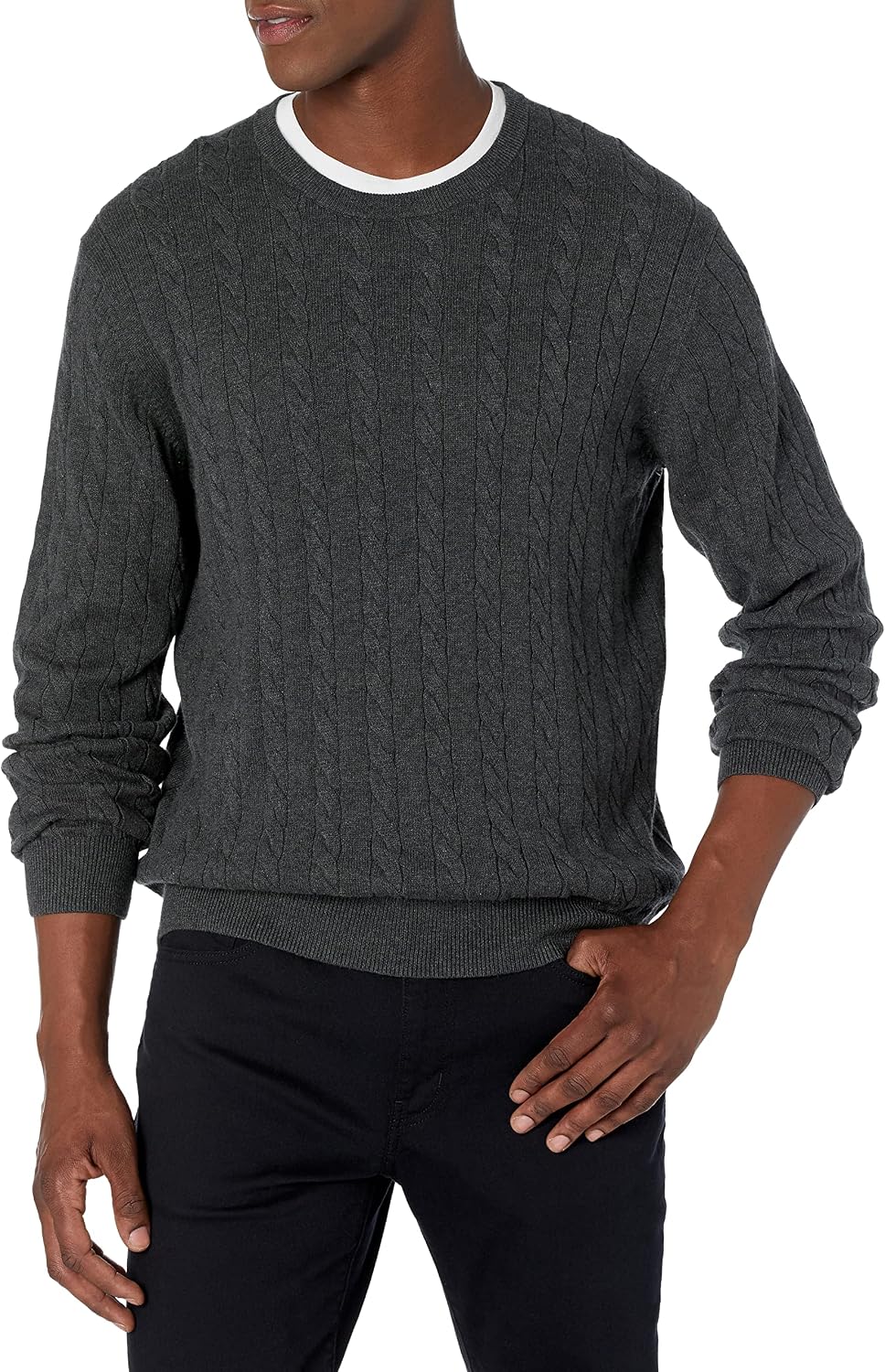 Amazon Essentials Men's Cable Knit Cotton Pullover Crewneck Sweater, Ribbed