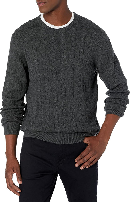 Amazon Essentials Men's Cable Knit Cotton Pullover Crewneck Sweater, Ribbed