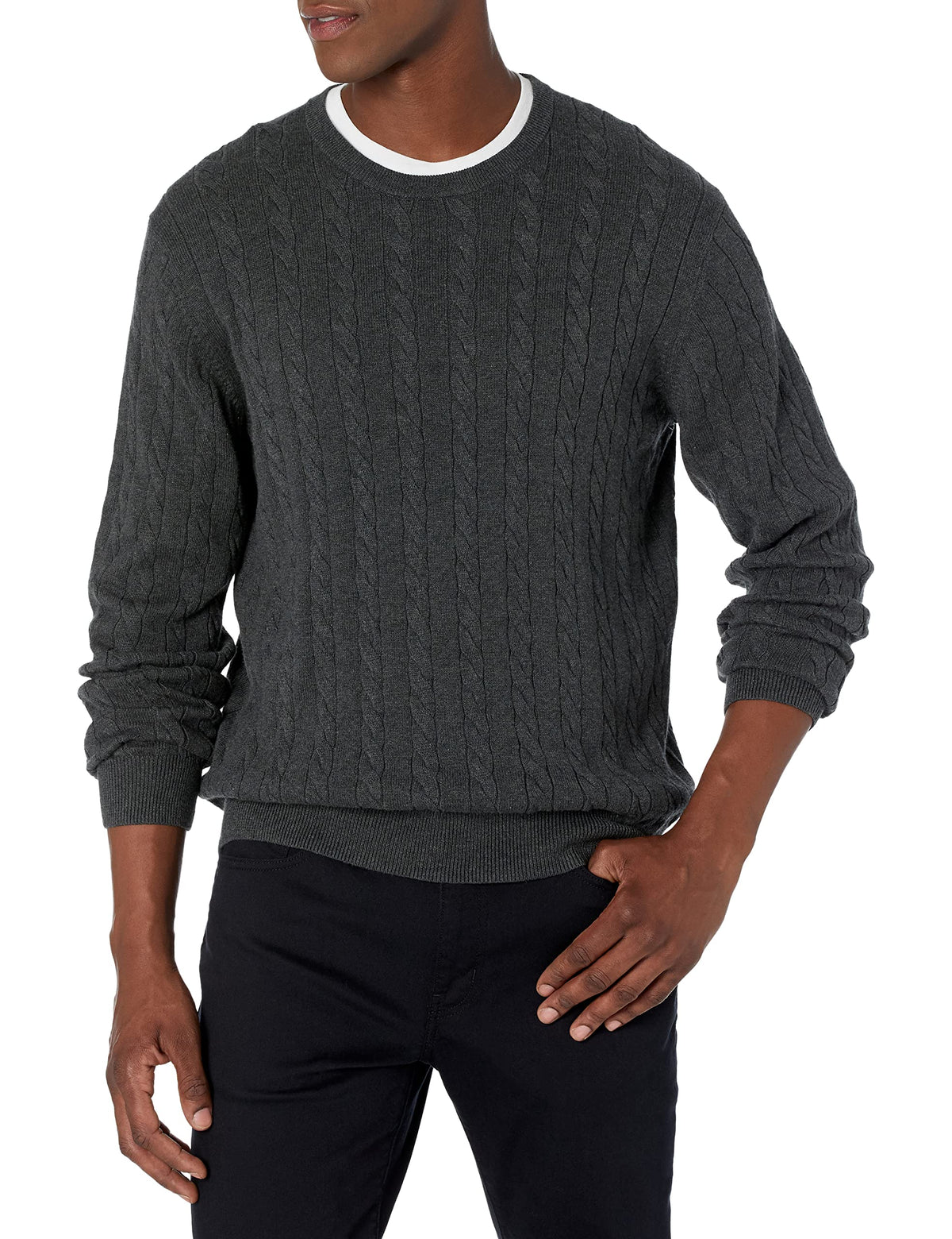 Amazon Essentials Men's Cable Knit Cotton Pullover Crewneck Sweater, Ribbed
