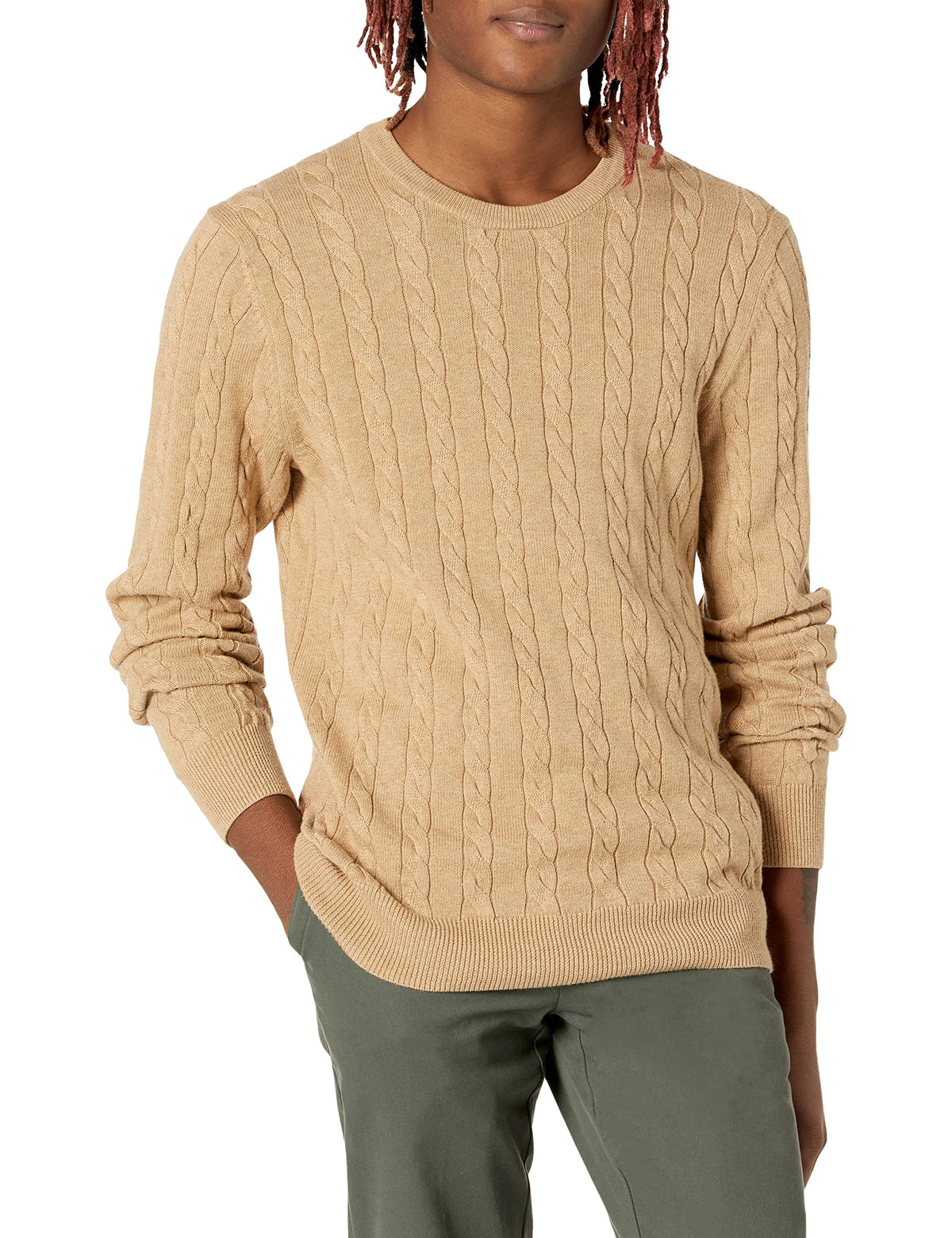 Amazon Essentials Men's Cable Knit Cotton Pullover Crewneck Sweater, Ribbed