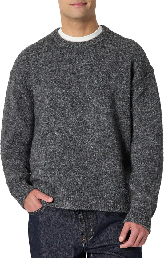 Amazon Essentials Men's Relaxed-Fit Faux Mohair Crewneck Pullover Sweater, Ribbed, Wool Blend, Heavyweight