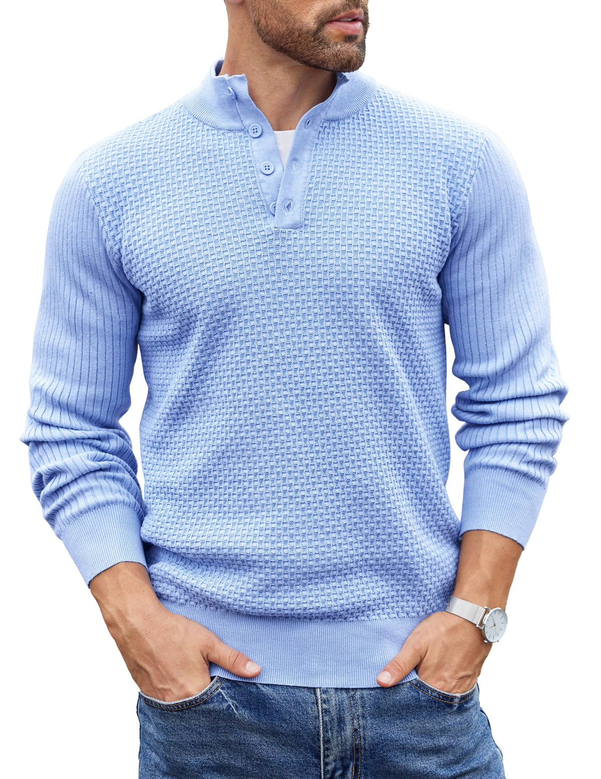 COOFANDY Mens Sweater Long Sleeve Henley Quarter Button Dress Sweaterss