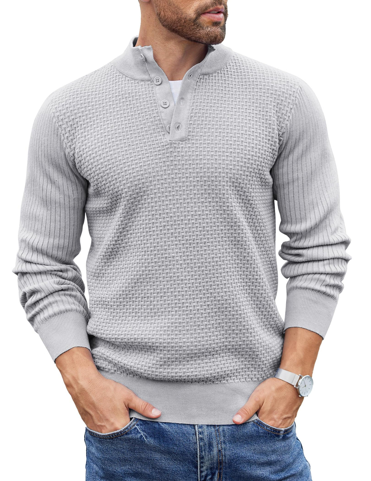 COOFANDY Mens Sweater Long Sleeve Henley Quarter Button Dress Sweaterss