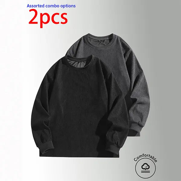 3-pack men’s sweatshirts: crewneck pullover, corduroy crewneck top, casual minimalist loose long-sleeve apparel; solid basic fit with vertical textured design; made from skin-friendly, breathable fabric—ideal for everyday commuting outfits.