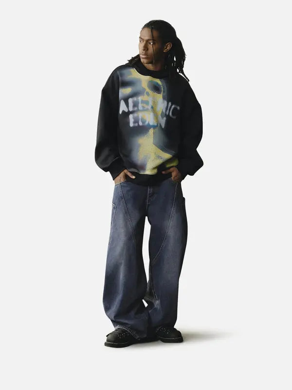 Aelfric Eden Menswear Pullover Hoodie - Unisex, Relaxed Fit, Heavyweight Cotton, Longsleeves, Abstract Portrait Graphic, Distorted Figure Print, Thermal Top for Casual Streetwear Sweatshirts,back to school,back to school shopping