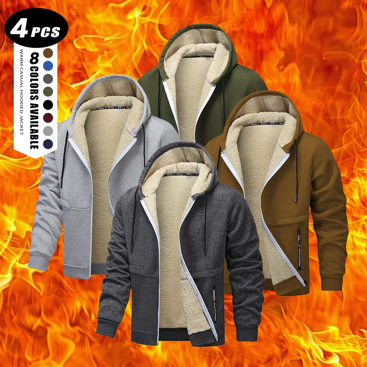 Men's Plain Zip-Up Hoodie - Thick Sherpa Fleece Lined Winter Fleece Jacket with Zippered Pockets for Casual Outdoor Work Use