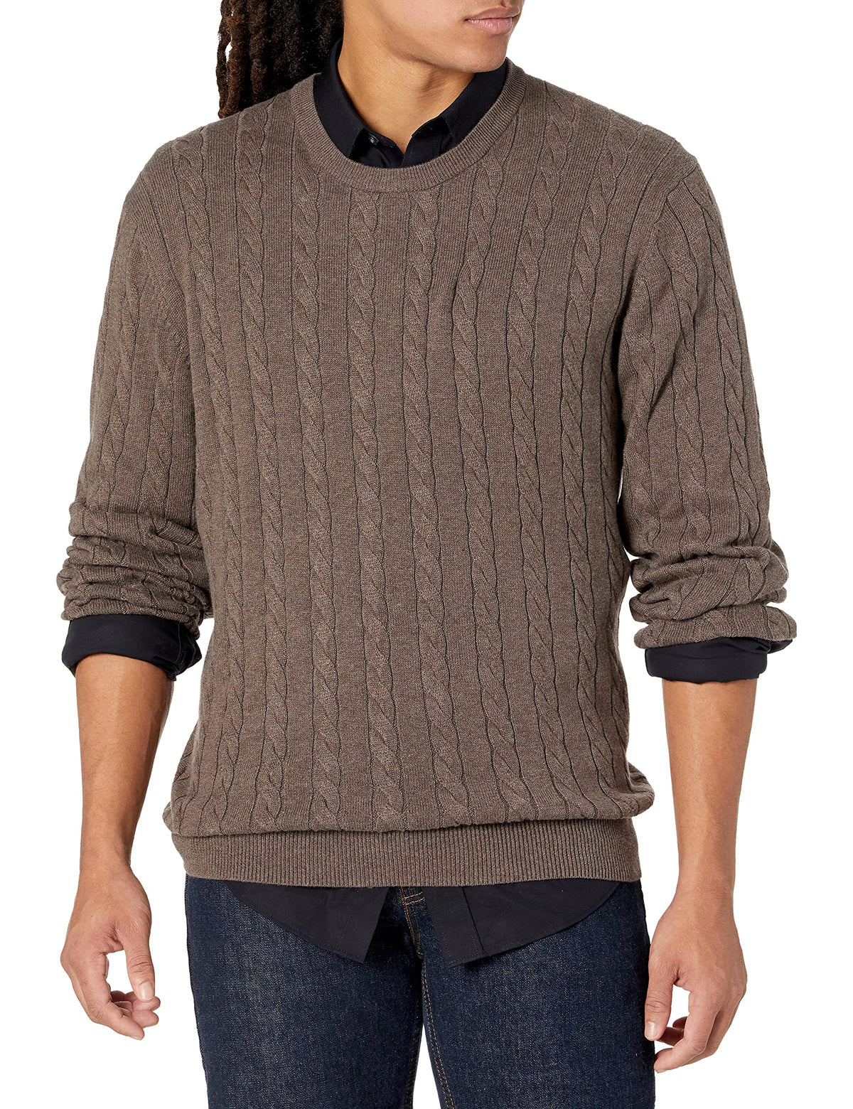 Amazon Essentials Men's Cable Knit Cotton Pullover Crewneck Sweater, Ribbed