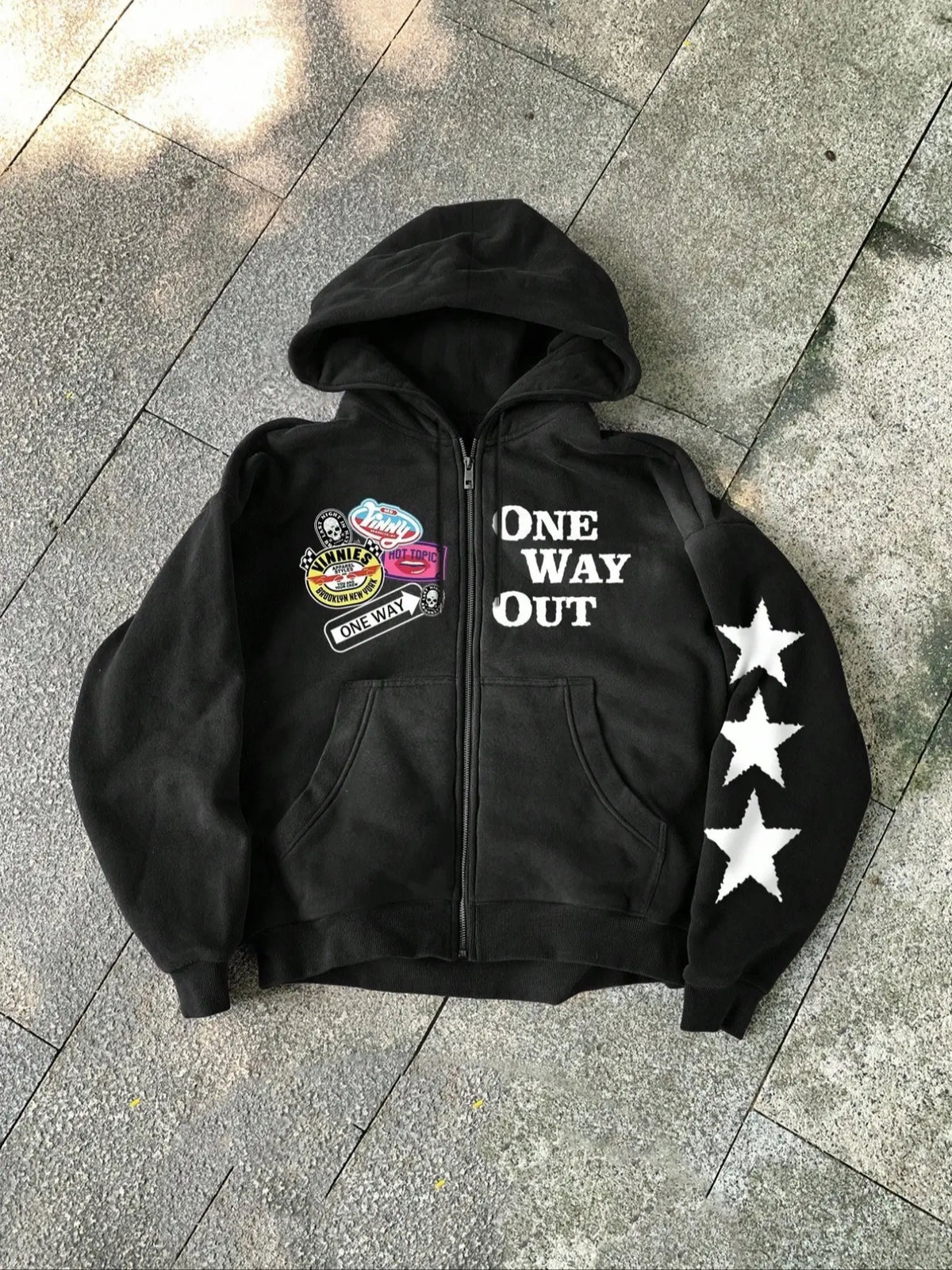 Unisex Y2K Style Slogan Hoodie with "One way out" Letter Print and Colorful Badges, Fall & Winter Zipper Jacket, Streetwear, Couples Gift, Friday Present
