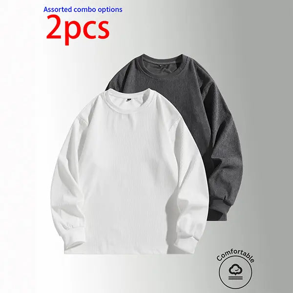 3-pack men’s sweatshirts: crewneck pullover, corduroy crewneck top, casual minimalist loose long-sleeve apparel; solid basic fit with vertical textured design; made from skin-friendly, breathable fabric—ideal for everyday commuting outfits.