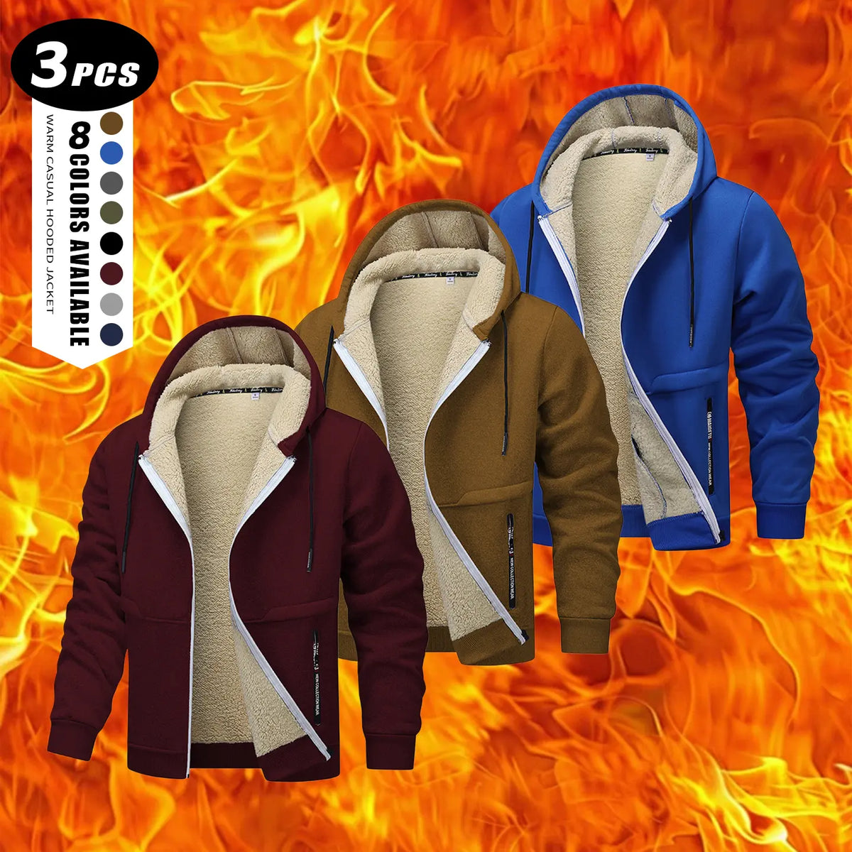 Men's Plain Zip-Up Hoodie - Thick Sherpa Fleece Lined Winter Fleece Jacket with Zippered Pockets for Casual Outdoor Work Use