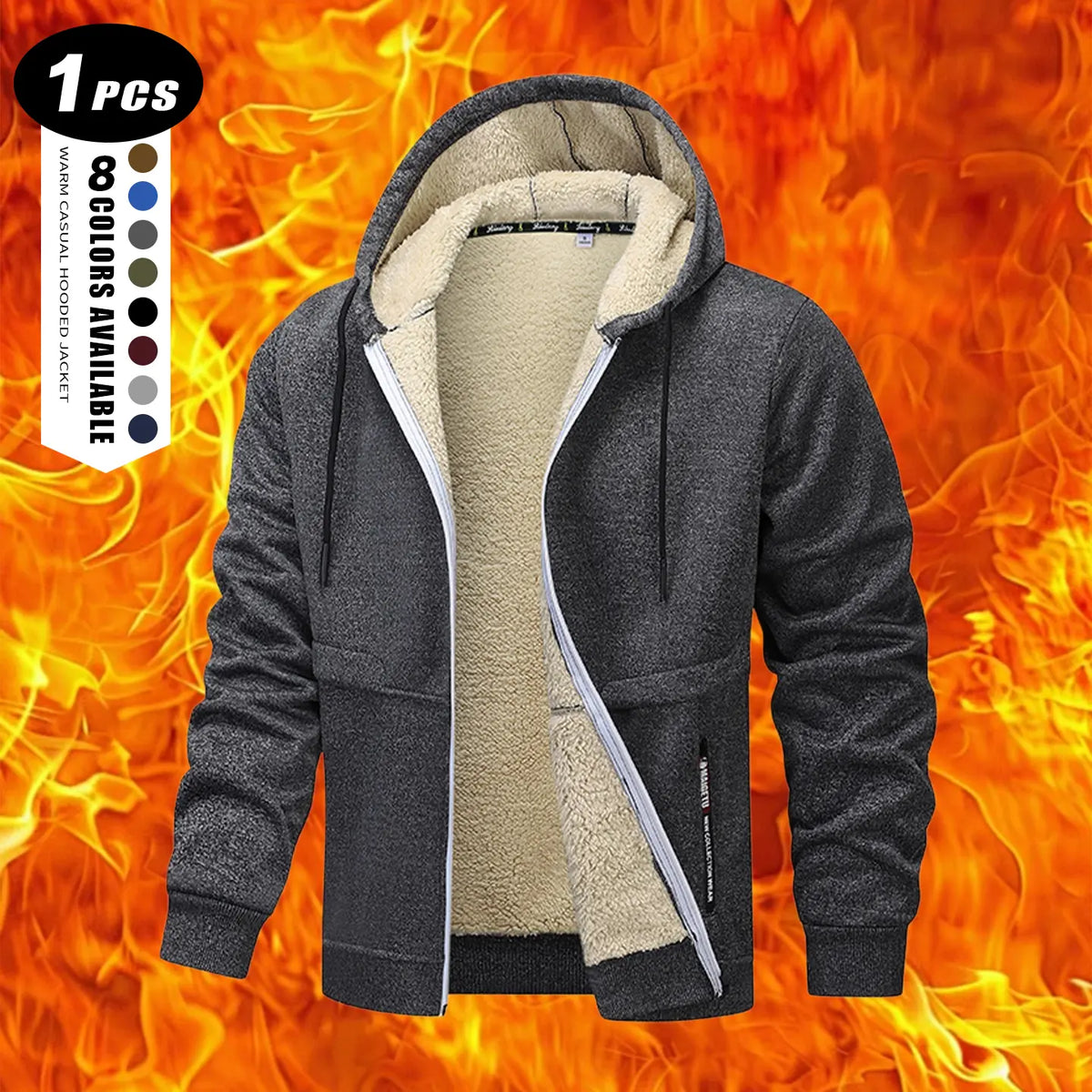Men's Plain Zip-Up Hoodie - Thick Sherpa Fleece Lined Winter Fleece Jacket with Zippered Pockets for Casual Outdoor Work Use