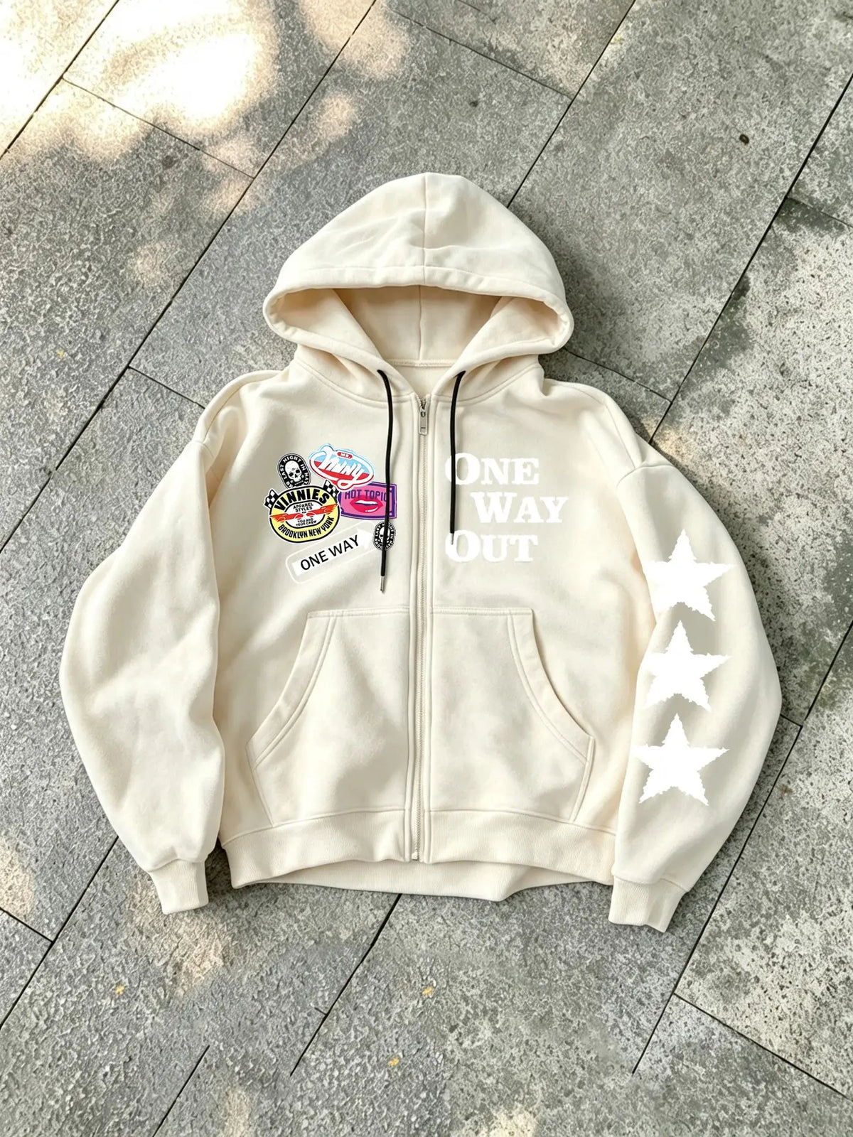 Unisex Y2K Style Slogan Hoodie with "One way out" Letter Print and Colorful Badges, Fall & Winter Zipper Jacket, Streetwear, Couples Gift, Friday Present