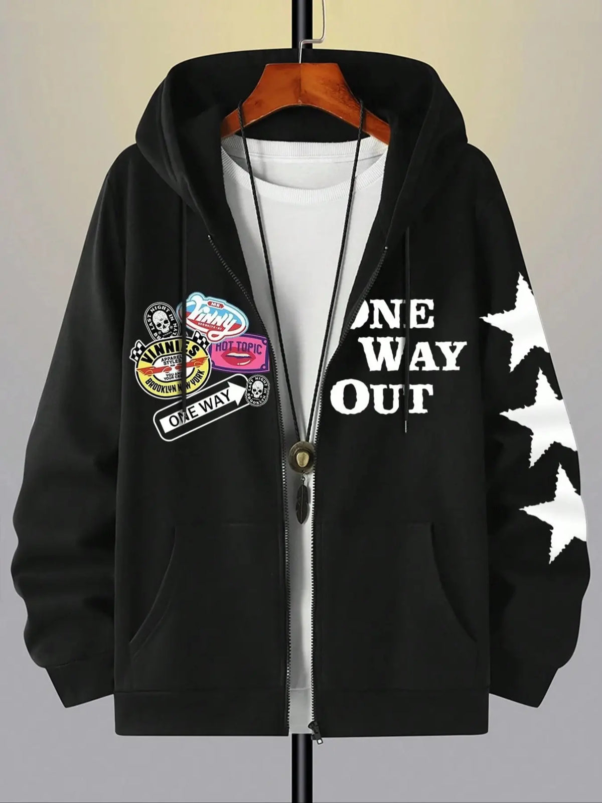 Unisex Y2K Style Slogan Hoodie with "One way out" Letter Print and Colorful Badges, Fall & Winter Zipper Jacket, Streetwear, Couples Gift, Friday Present