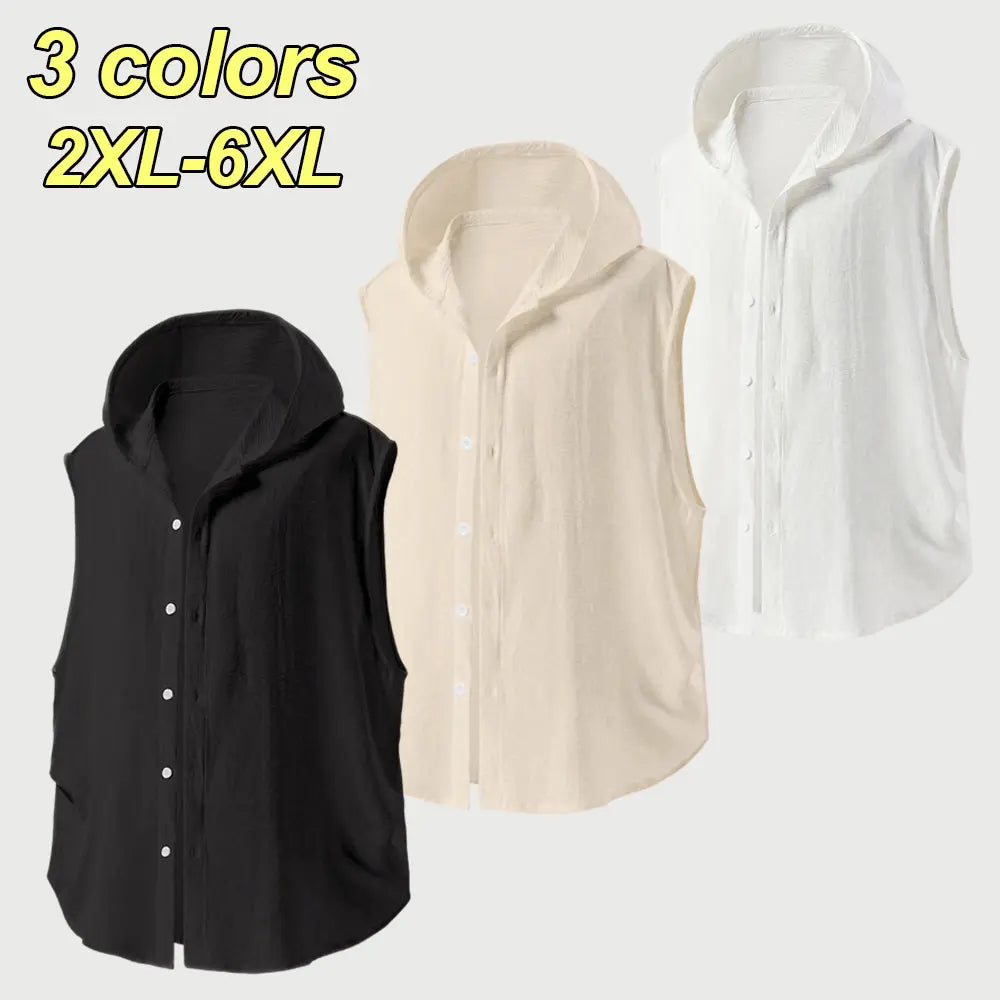 2XL–6XL Plus Size Men’s Summer Hooded Sleeveless Shirt, Lightweight Breathable Summer Vest/Tank Top, Loose Casual Cardigan Style Top—suitable for wearing alone or layered, ideal for sports casual wear, home leisure, and everyday commuting.