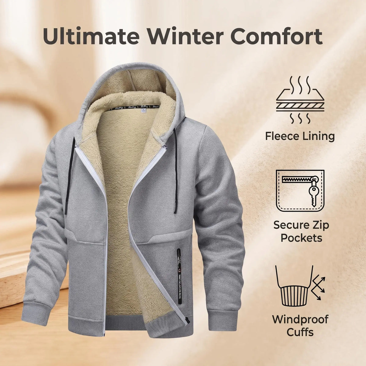 Men's Plain Zip-Up Hoodie - Thick Sherpa Fleece Lined Winter Fleece Jacket with Zippered Pockets for Casual Outdoor Work Use