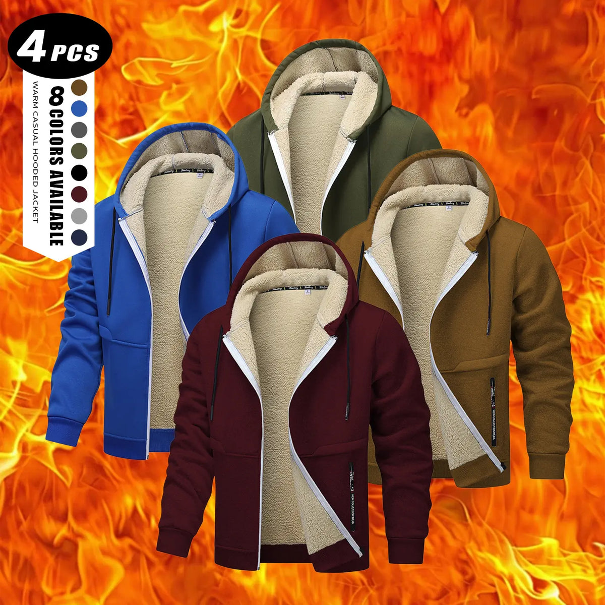 Men's Plain Zip-Up Hoodie - Thick Sherpa Fleece Lined Winter Fleece Jacket with Zippered Pockets for Casual Outdoor Work Use