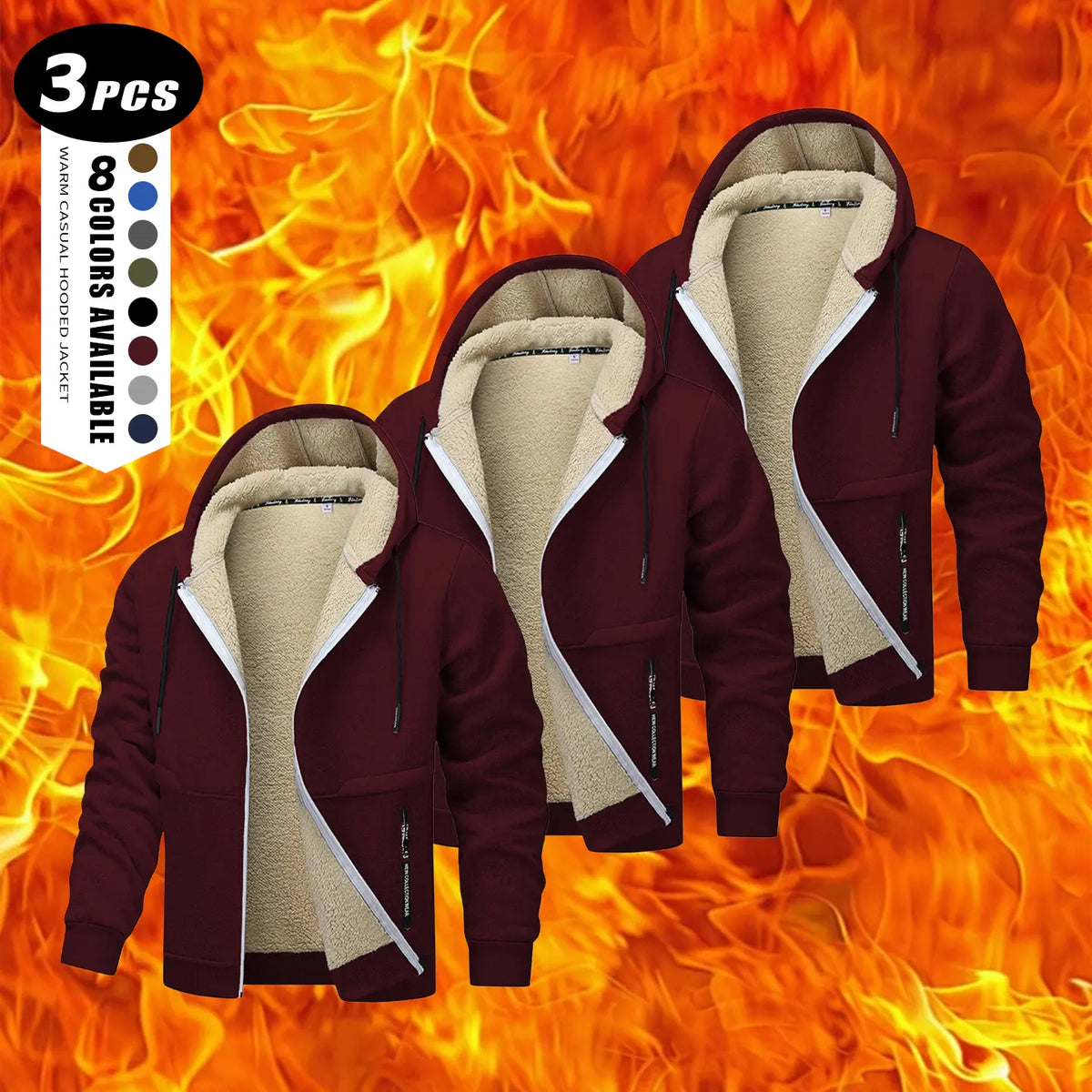 Men's Plain Zip-Up Hoodie - Thick Sherpa Fleece Lined Winter Fleece Jacket with Zippered Pockets for Casual Outdoor Work Use