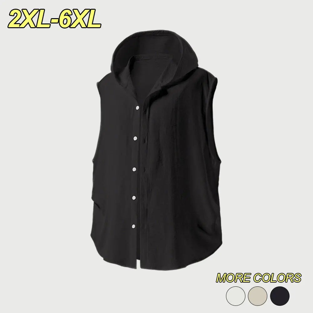 2XL–6XL Plus Size Men’s Summer Hooded Sleeveless Shirt, Lightweight Breathable Summer Vest/Tank Top, Loose Casual Cardigan Style Top—suitable for wearing alone or layered, ideal for sports casual wear, home leisure, and everyday commuting.