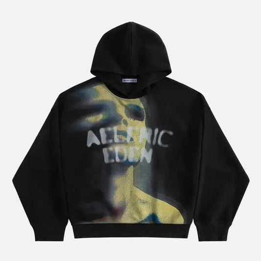 Aelfric Eden Menswear Pullover Hoodie - Unisex, Relaxed Fit, Heavyweight Cotton, Longsleeves, Abstract Portrait Graphic, Distorted Figure Print, Thermal Top for Casual Streetwear Sweatshirts,back to school,back to school shopping