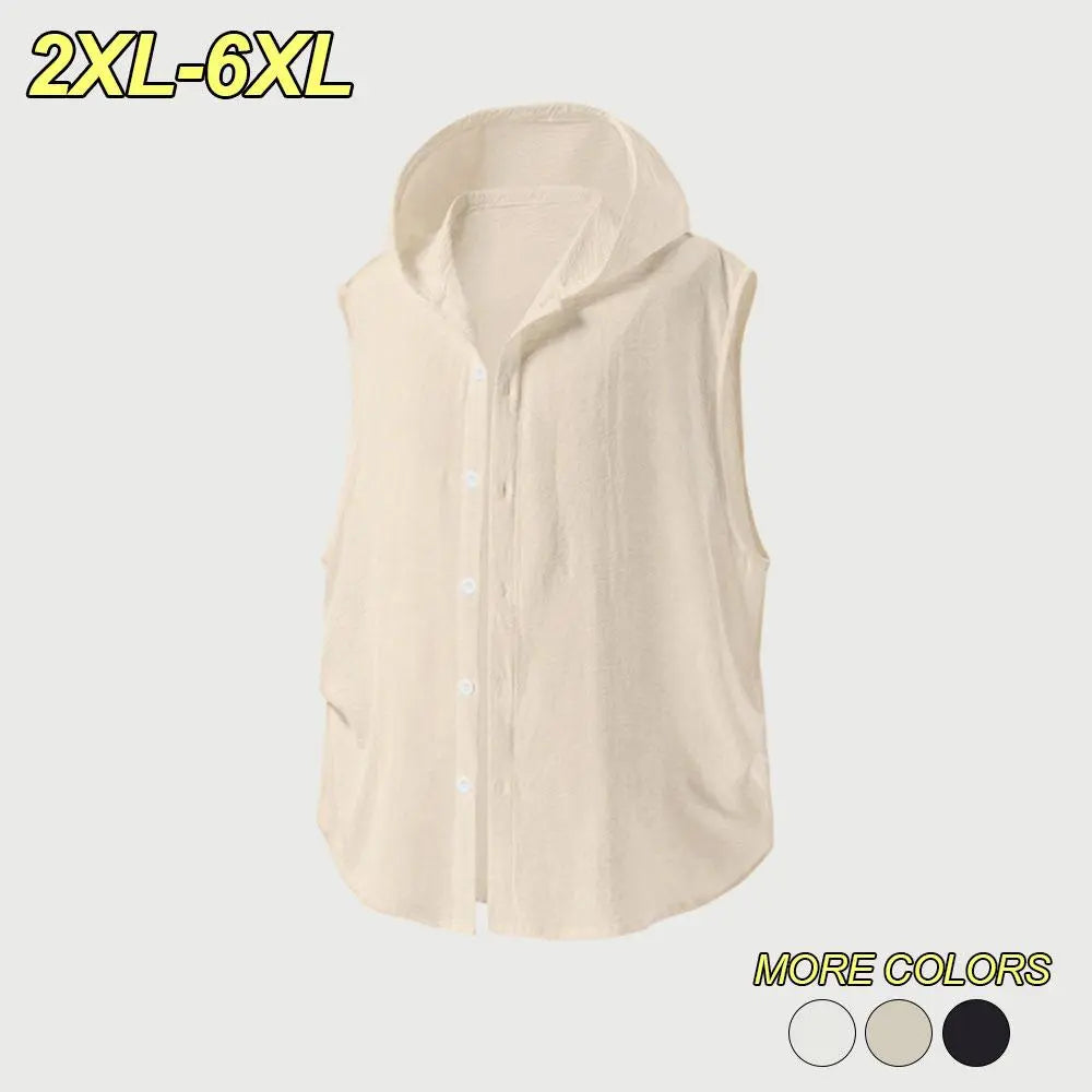 2XL–6XL Plus Size Men’s Summer Hooded Sleeveless Shirt, Lightweight Breathable Summer Vest/Tank Top, Loose Casual Cardigan Style Top—suitable for wearing alone or layered, ideal for sports casual wear, home leisure, and everyday commuting.