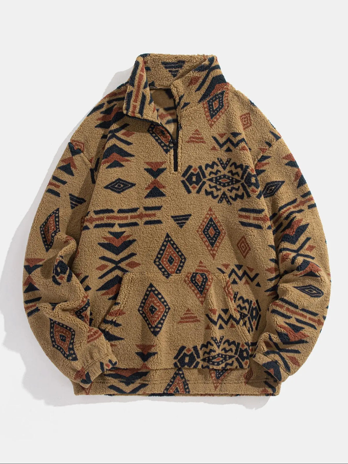 Men's Ethnic Pattern Zip Up Plush Loose Sweatshirt, Casual Long Sleeve Pocket Collared Pullover for Winter, Fashion Men's Clothes for Daily Wear