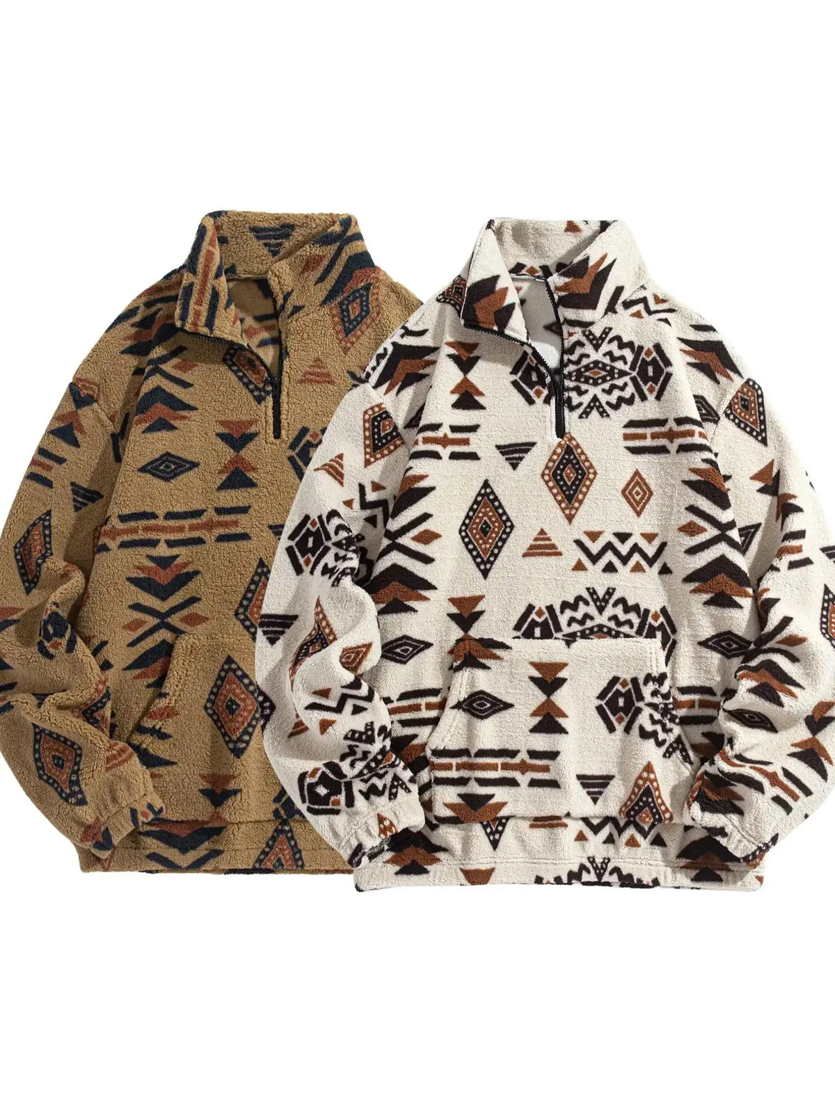 Men's Ethnic Pattern Zip Up Plush Loose Sweatshirt, Casual Long Sleeve Pocket Collared Pullover for Winter, Fashion Men's Clothes for Daily Wear