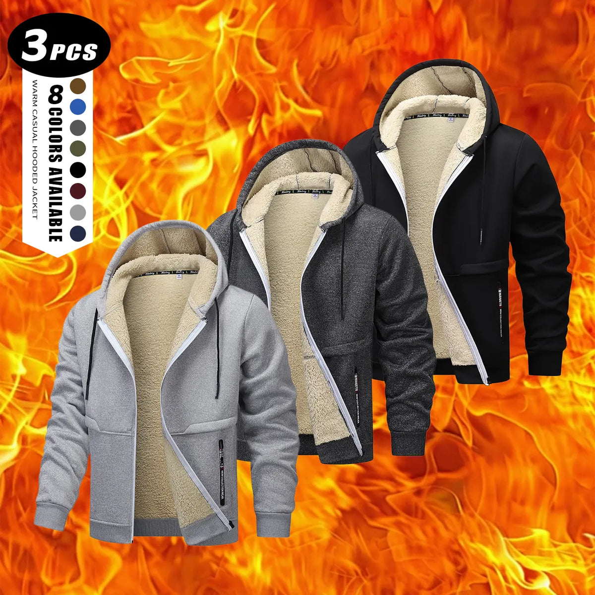 Men's Plain Zip-Up Hoodie - Thick Sherpa Fleece Lined Winter Fleece Jacket with Zippered Pockets for Casual Outdoor Work Use