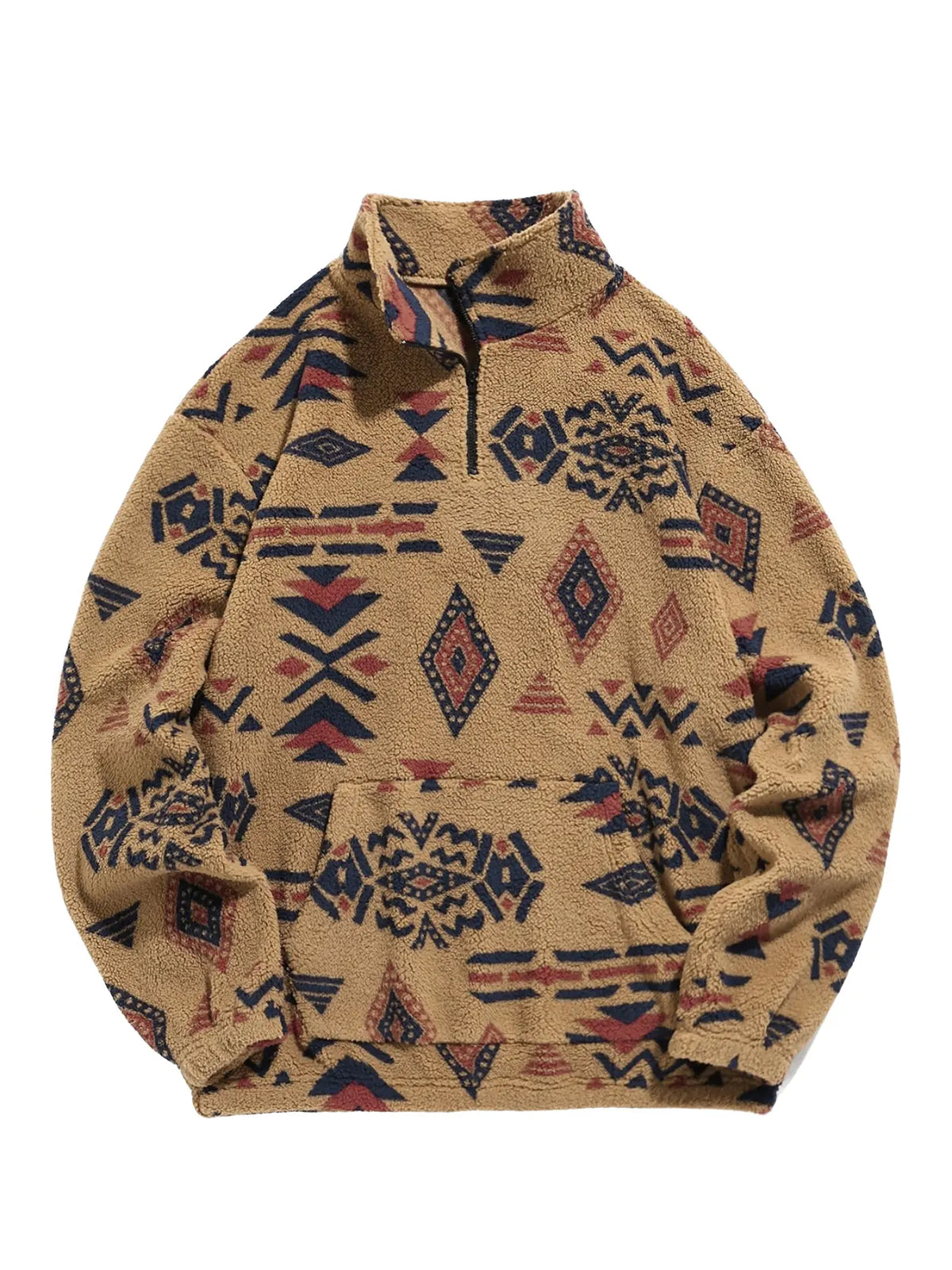 Men's Ethnic Pattern Drop Shoulder Zipper Sweatshirt, Regular Fit Casual Comfy Long Sleeve Stand Collar Pullover for Fall & Winter, Men's Clothes