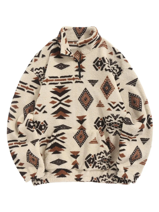 Men's Ethnic Pattern Drop Shoulder Zipper Sweatshirt, Regular Fit Casual Comfy Long Sleeve Stand Collar Pullover for Fall & Winter, Men's Clothes